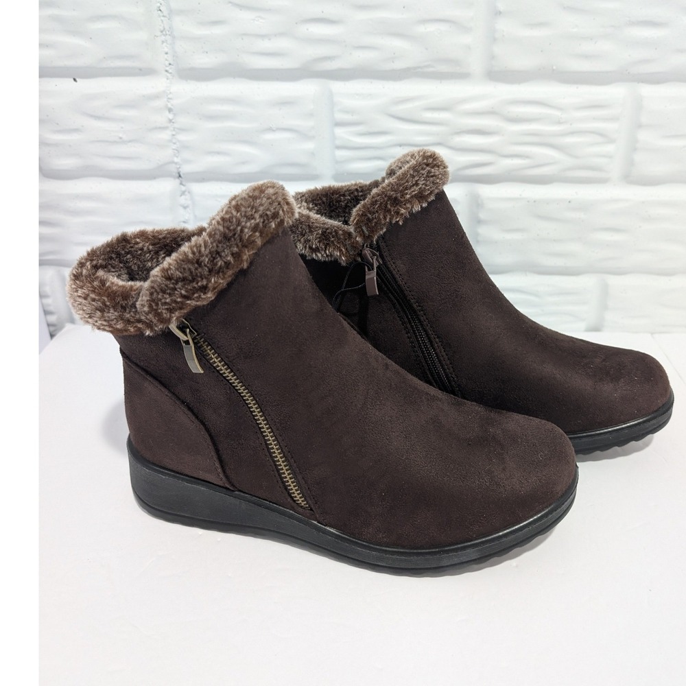 Flexus by Spring Step Womens Waterproof Brown Faux Fur Trim Ankle Boots Size 7